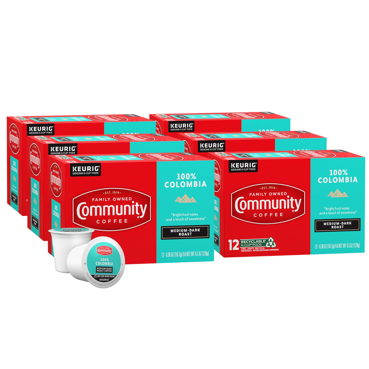 Community Coffee 100% Colombia Pods – Medium-Dark Roast, Keurig 2.0 Compatible (12-Count, Pack of 6)