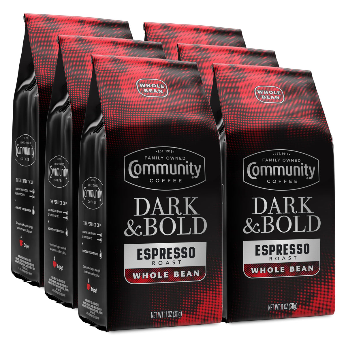 Community Coffee Dark & Bold Espresso Blend - Dark Roast Whole Bean, 11 oz (Pack of 6)