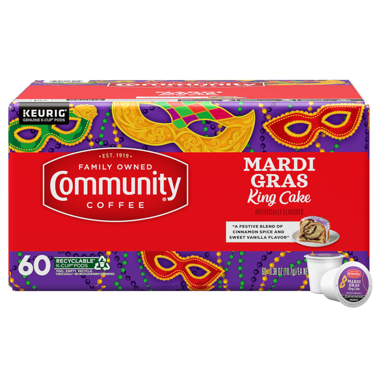 Community Coffee Mardi Gras King Cake Flavored Coffee Pods – 60 Keurig K-Cups, Medium Roast
