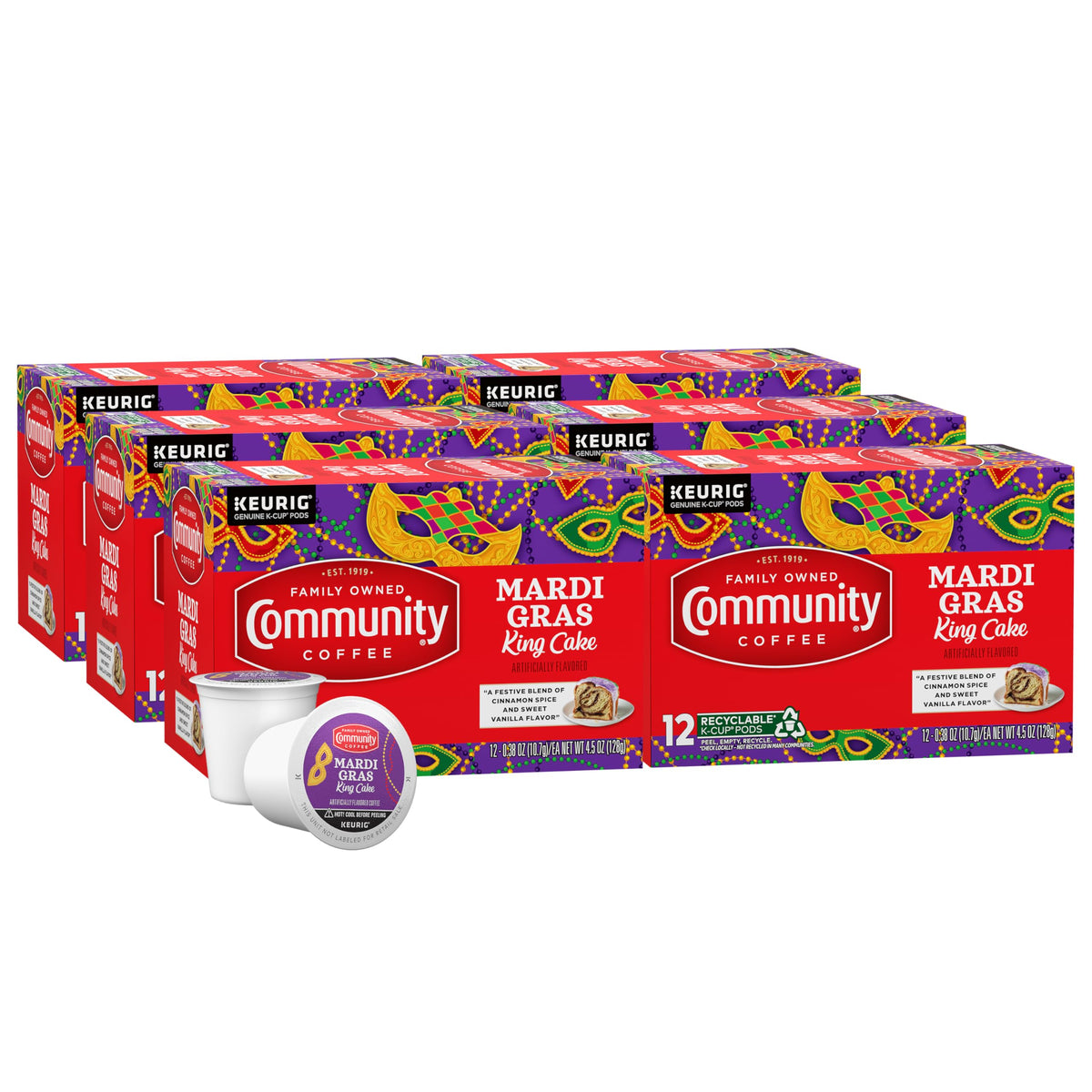 Community Coffee Mardi Gras King Cake Flavored Coffee Pods – 72 Count, Medium Roast, Keurig Compatible (Pack of 6)