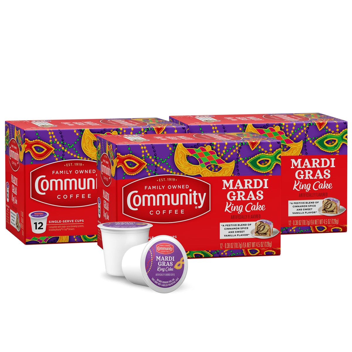 Community Coffee Mardi Gras King Cake Flavored K-Cups (36 ct, Pack of 3) – Medium Roast, Keurig 2.0 Compatible