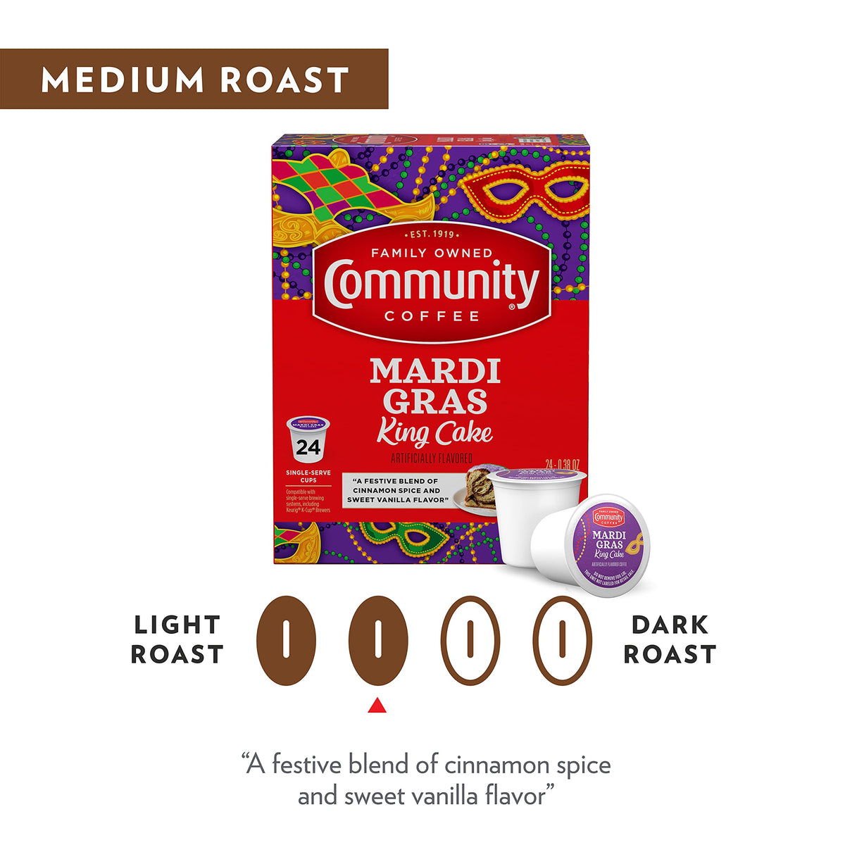 Community Coffee Mardi Gras King Cake Flavored K-Cups (36 ct, Pack of 3) – Medium Roast, Keurig 2.0 Compatible