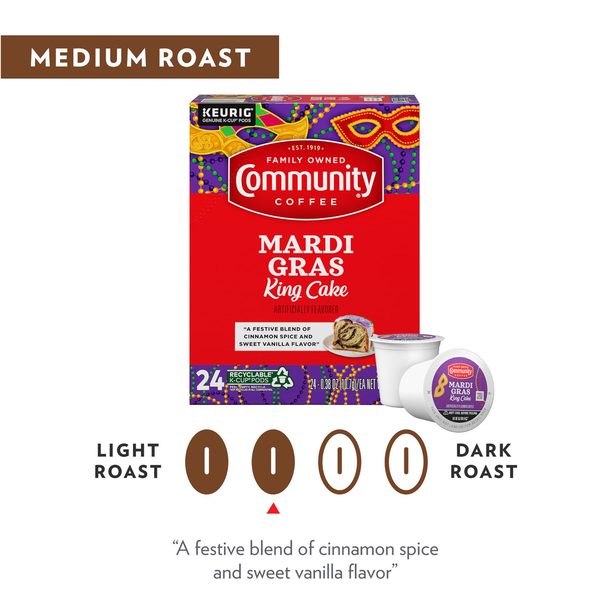 Community Coffee Mardi Gras King Cake Flavored Coffee Pods – 60 Keurig K-Cups, Medium Roast