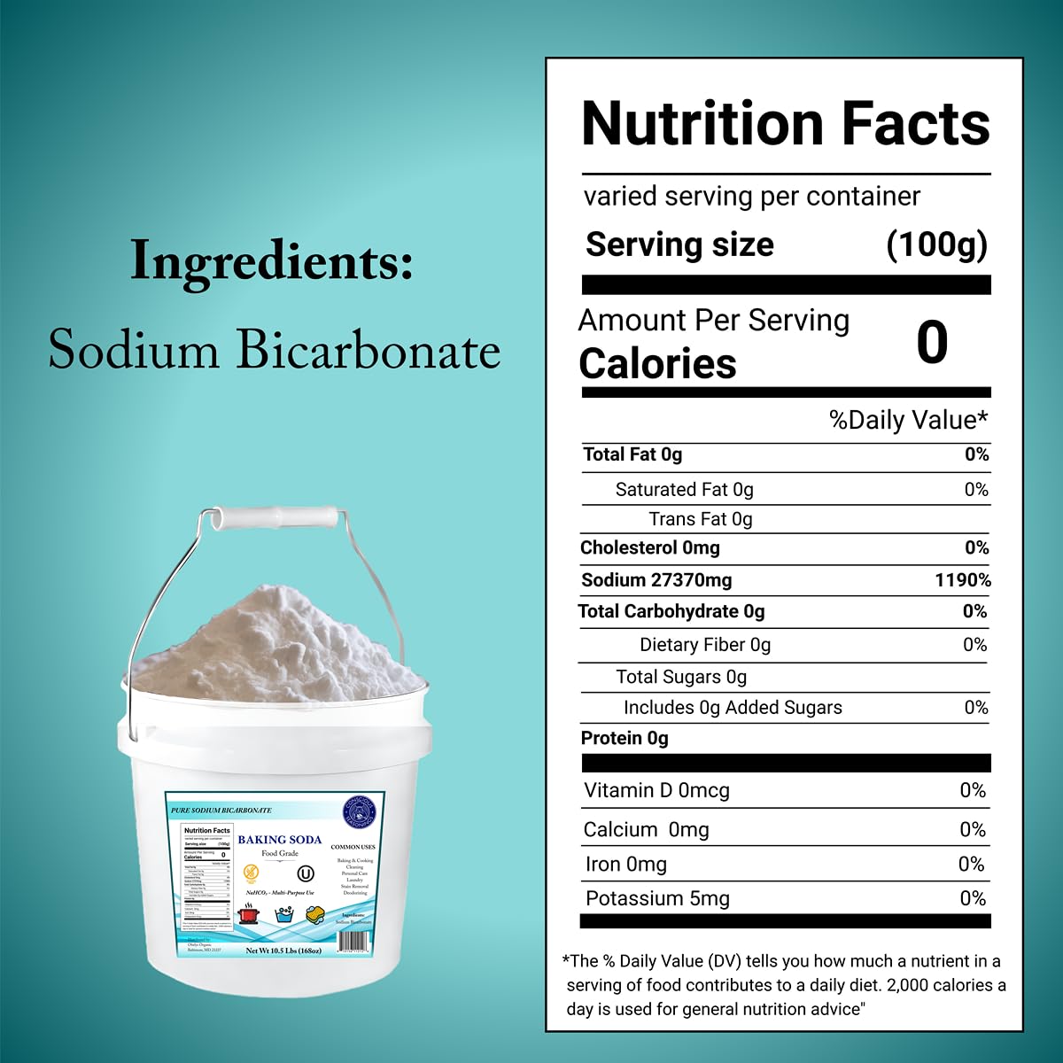 Conscious Seasonings Pure Baking Soda Powder – 10.5 lb (1.34 gal) | 100% Pure Food-Grade Sodium Bicarbonate for Baking & Cleaning