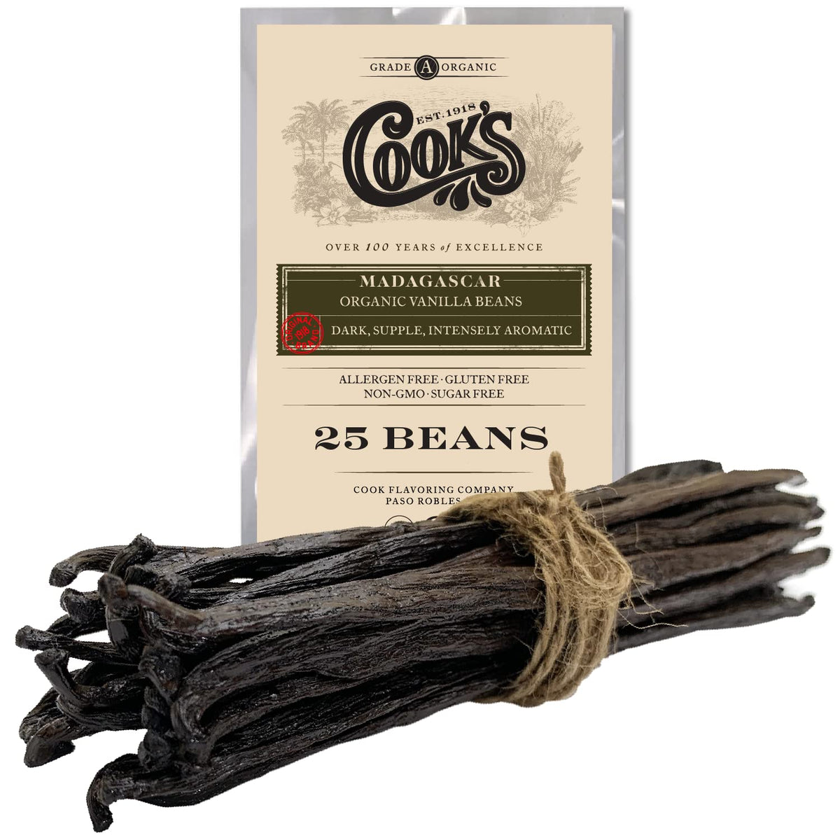COOK'S 25 Organic Madagascar Vanilla Beans – Grade A Pods, Certified Organic for Extract & Baking