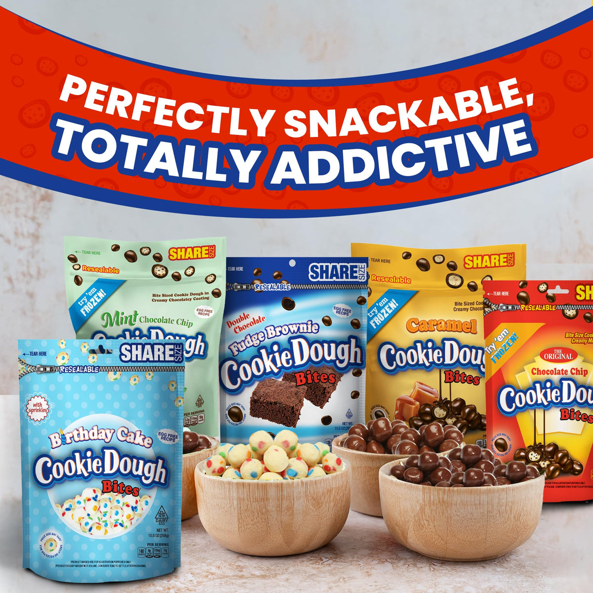 Cookie Dough Bites Variety Pack | 5 x 10.5 oz | Chocolate Chip, Birthday Cake, Caramel, Fudge Brownie, Mint