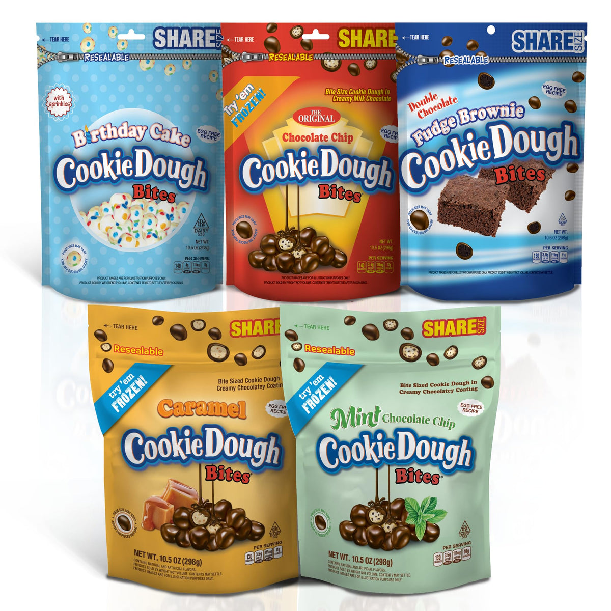 Cookie Dough Bites Variety Pack | 5 x 10.5 oz | Chocolate Chip, Birthday Cake, Caramel, Fudge Brownie, Mint