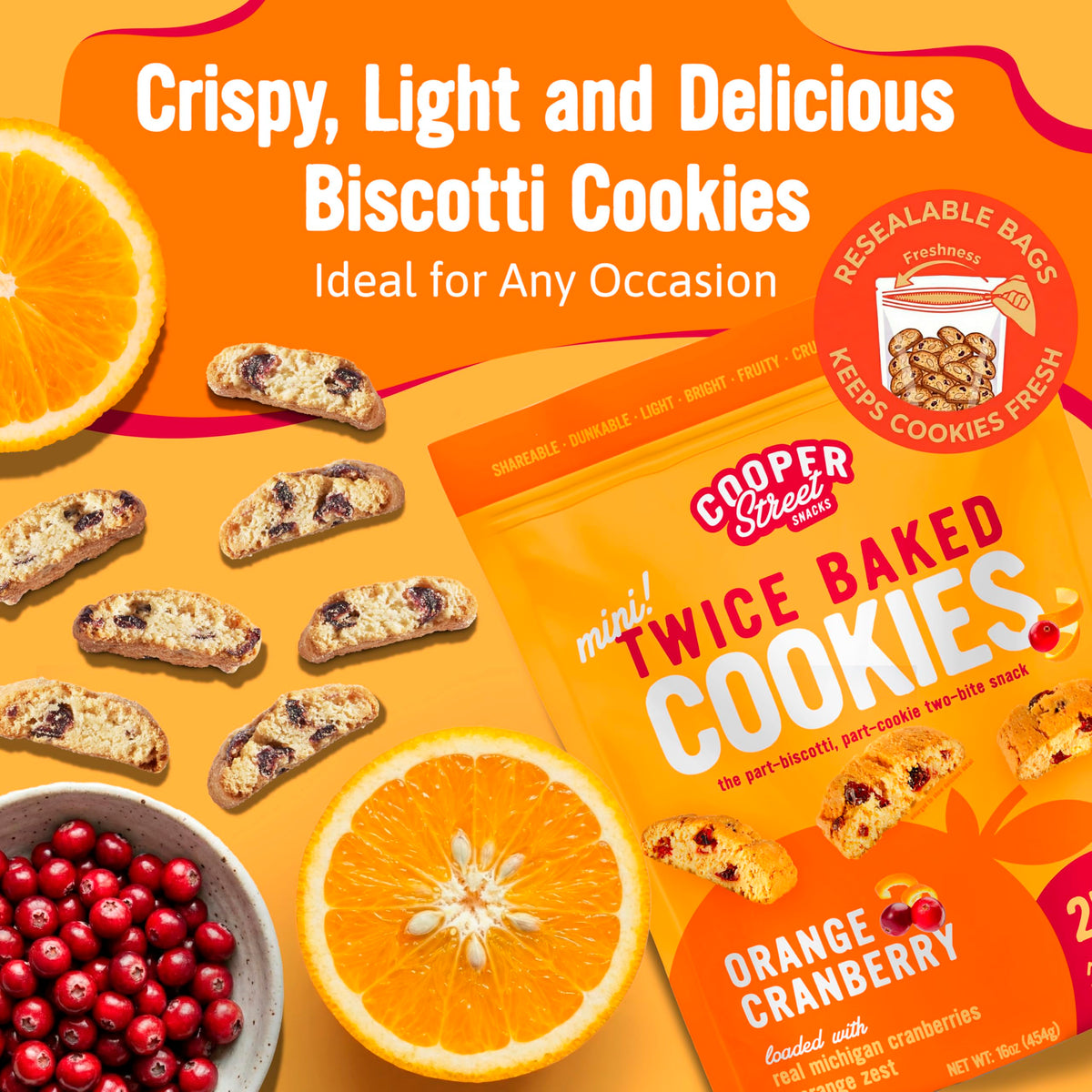 Cooper Street Twice-Baked Orange Cranberry Biscotti – 2 x 16 oz, Real Fruit, Dairy, Peanut & Soy Free