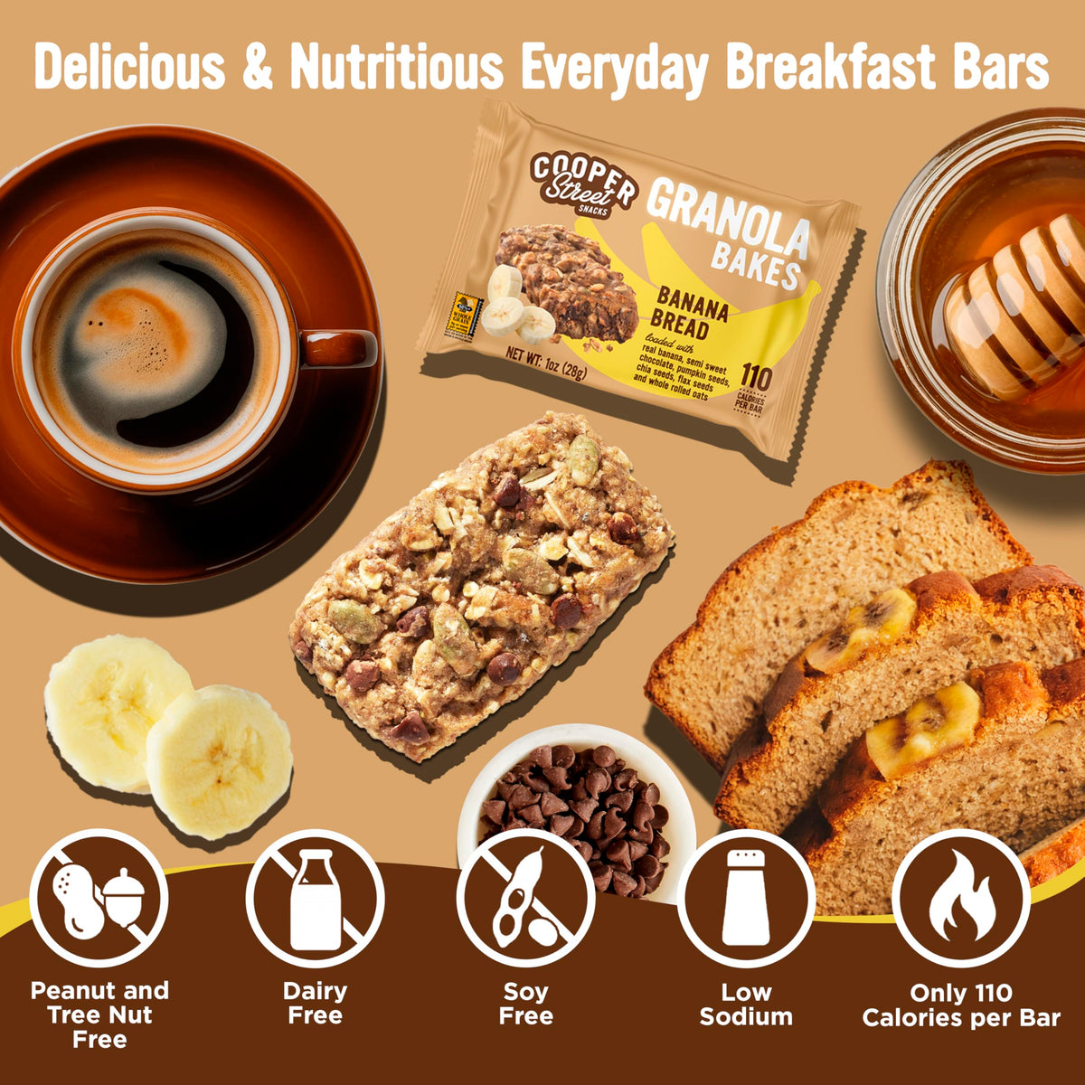Cooper Street Granola Bakes – Soft Baked Banana Bread Bars, Nut-Free, 48 Pack
