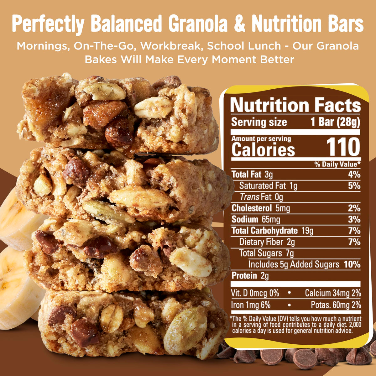 Cooper Street Granola Bakes – Soft Baked Banana Bread Bars, Nut-Free, 48 Pack