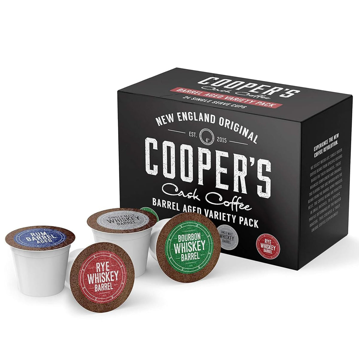 Cooper’s Cask Coffee Bourbon Barrel Aged Pods Variety Pack (24ct) – Bourbon, Rye, Malt, Rum