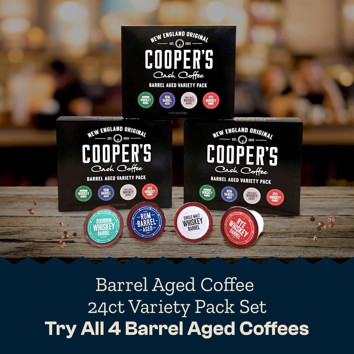 Cooper’s Cask Coffee Bourbon Barrel Aged Pods Variety Pack (24ct) – Bourbon, Rye, Malt, Rum