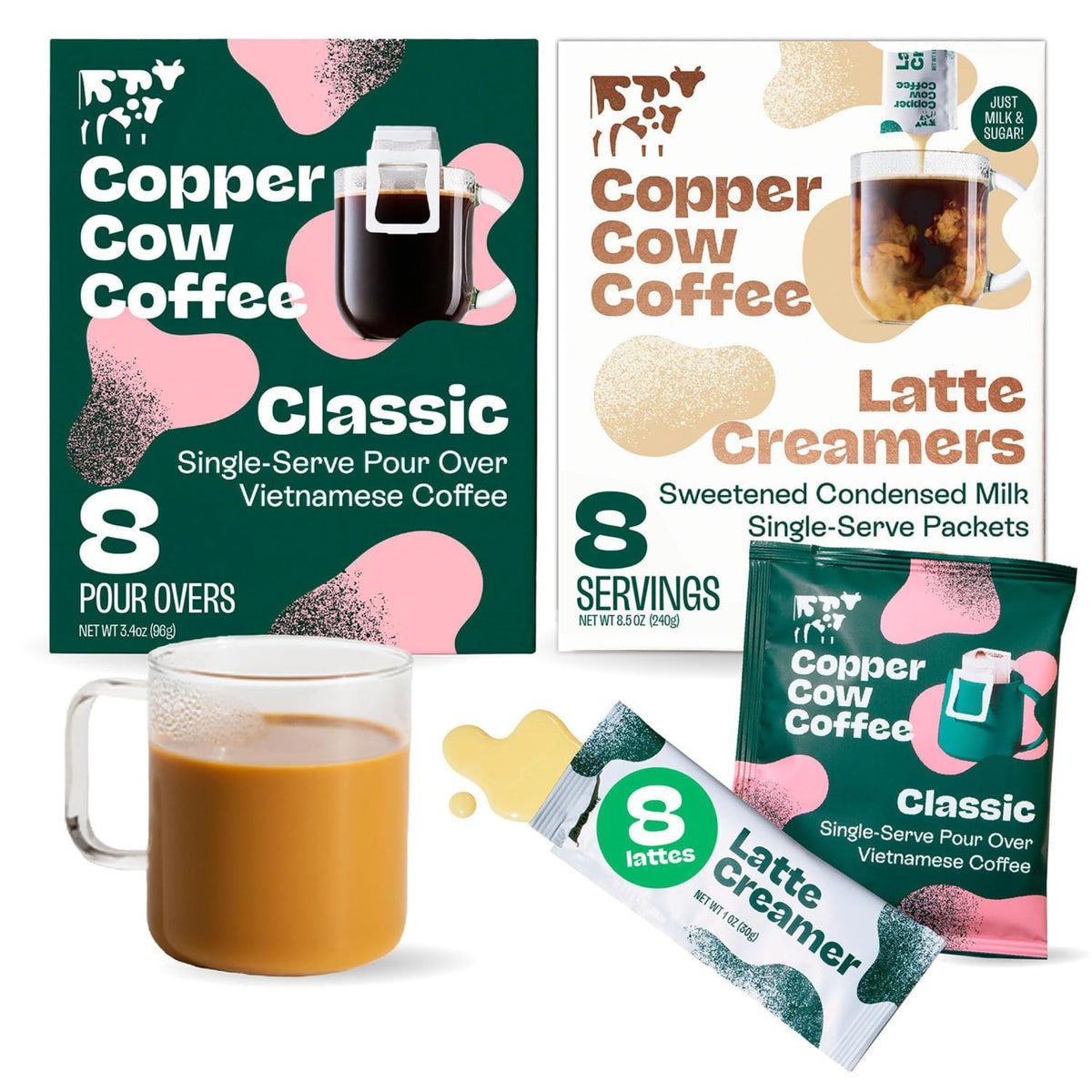 Copper Cow Coffee Pour Over Vietnamese Coffee Pouches + Sweetened Condensed Milk Creamers (8 Coffees & 8 Creamers) — No Refrigeration Needed, Travel Ready