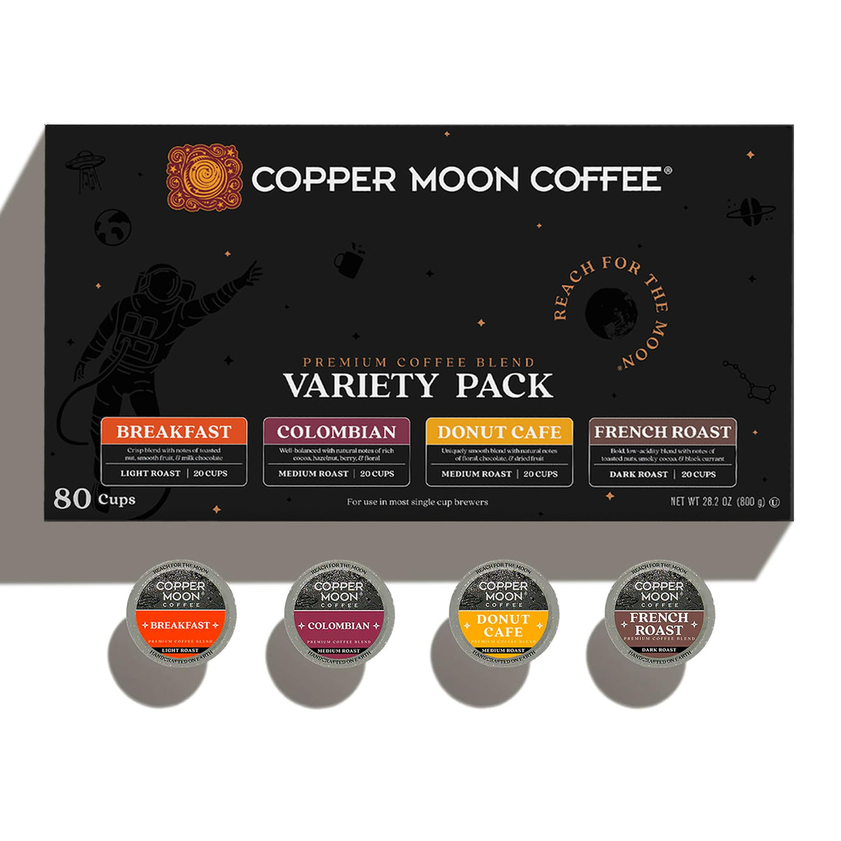 Copper Moon Keurig Coffee Pods – Variety Pack (80 Count) – Light, Medium & Dark Roasts