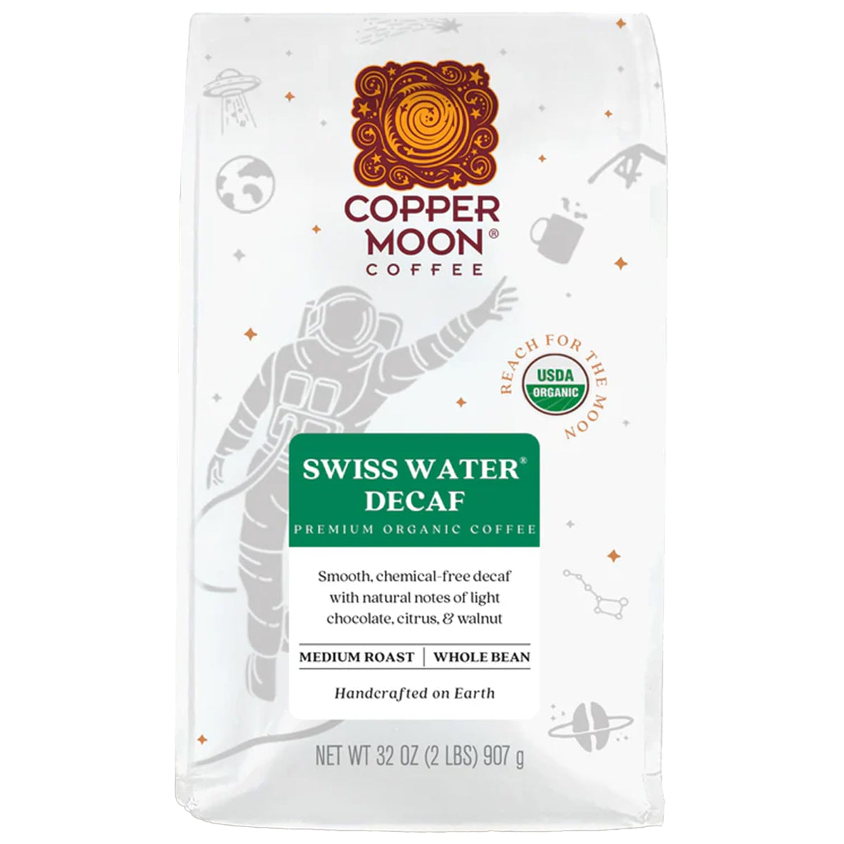 Copper Moon Whole Bean Coffee – Medium Roast Swiss Water Organic Decaf (2 lb)