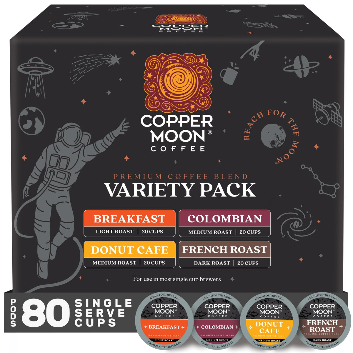 Copper Moon Keurig Coffee Pods – Variety Pack (80 Count) – Light, Medium & Dark Roasts