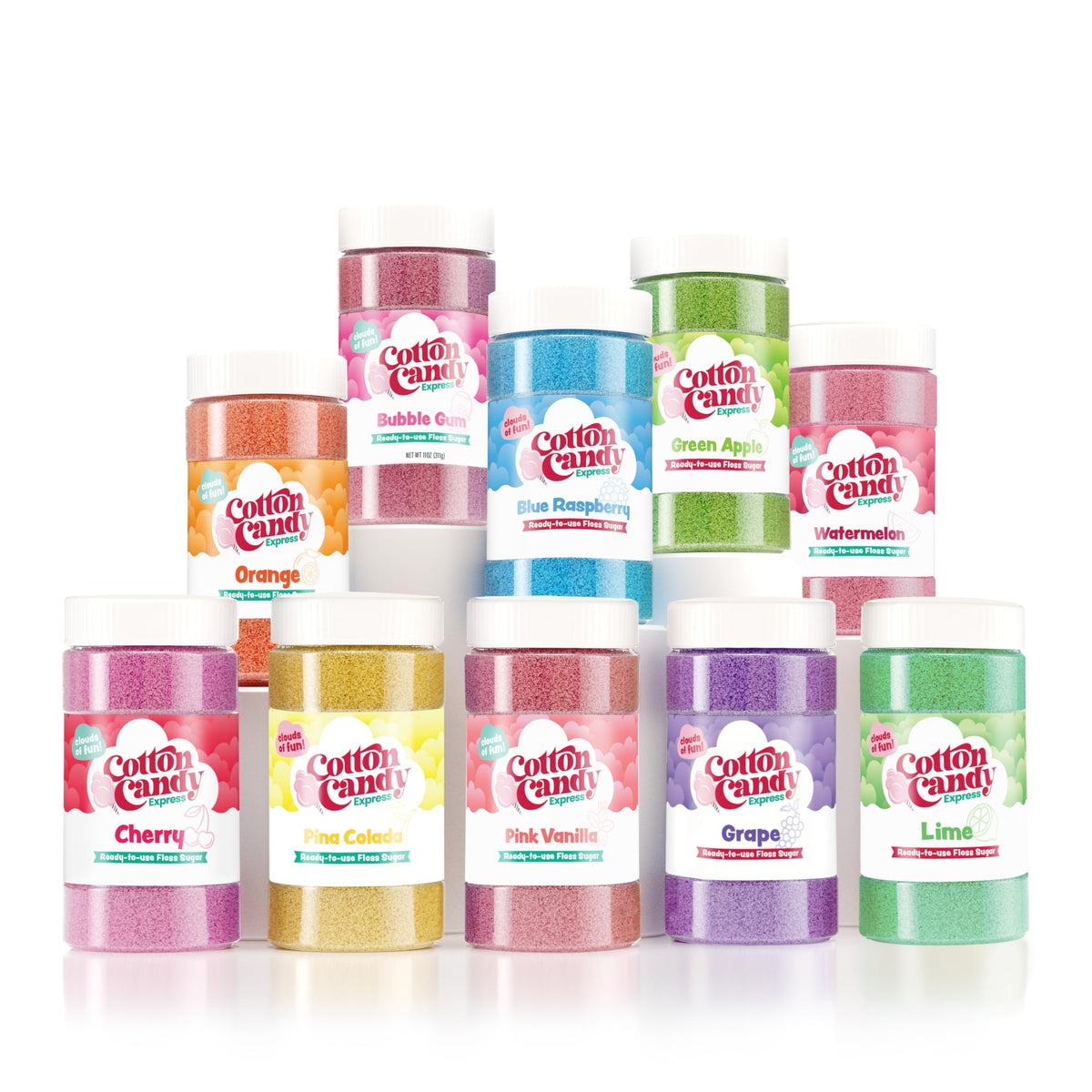 Cotton Candy Express Floss Sugar Variety Pack - 10 x 11oz Jars (Pina Colada, Orange, Bubble Gum, Grape, Watermelon & More)