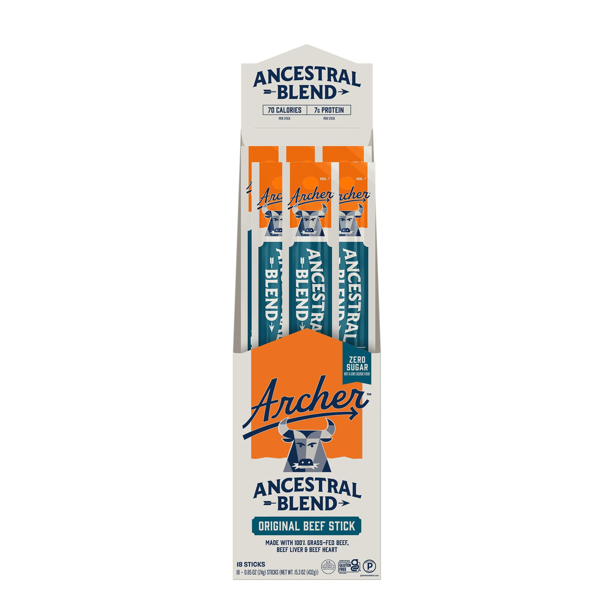 Country Archer Ancestral Beef Jerky Sticks – Grass-Fed, Sugar Free, Gluten Free, Paleo & Keto, 7g Protein Each (1 oz Pack of 18)