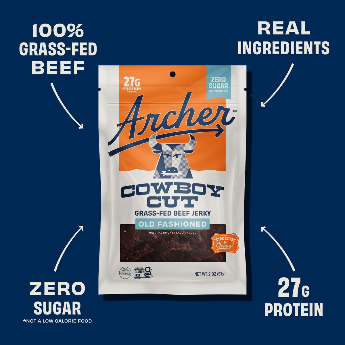 Country Archer Grass-Fed Beef Jerky – Zero Sugar, Gluten Free, Paleo Friendly – Classic Flavor, 2 oz (Pack of 6)