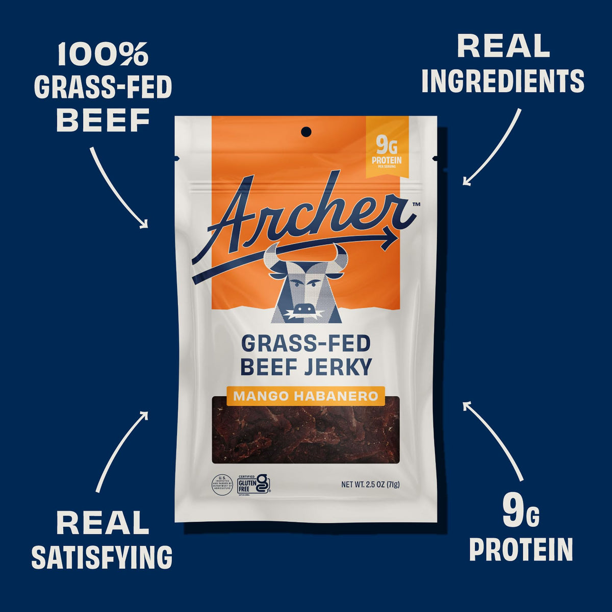 Country Archer Mango Habanero Grass-Fed Beef Jerky - 4 Pack, 2.5 oz Each | Gluten Free, Paleo