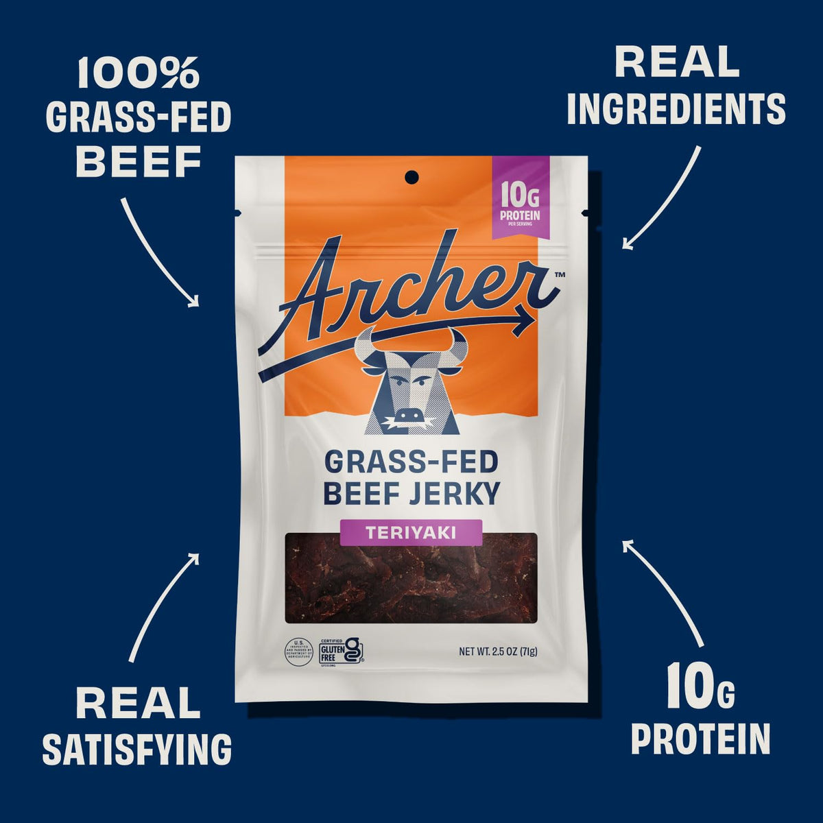 Country Archer Teriyaki Grass-Fed Beef Jerky – 2.5 oz, 4-Pack, Gluten Free