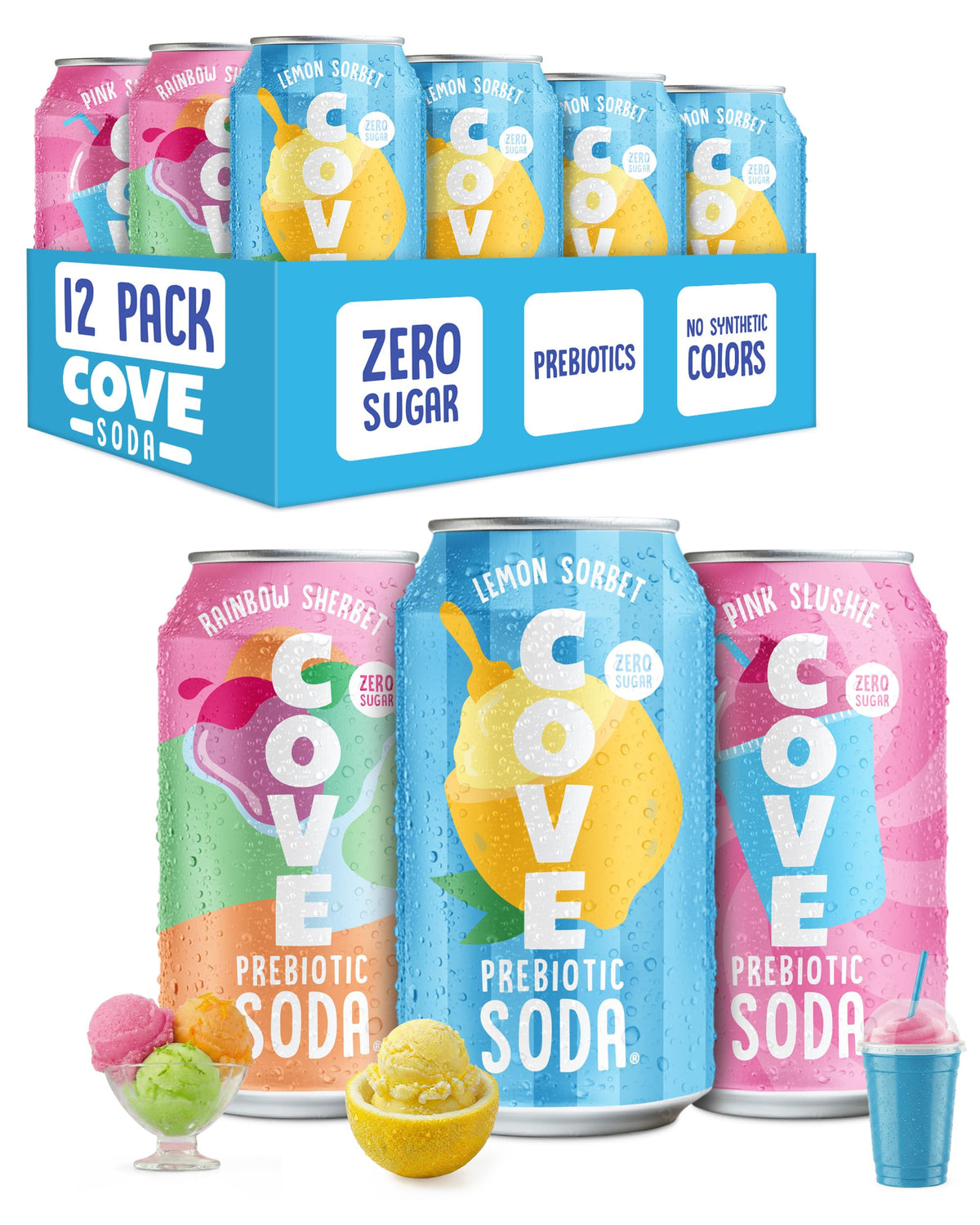 Cove Soda Prebiotic Zero Sugar Soda — 4g Fiber, 80% DV Vitamin C, Frozen Favorites 12-Pack