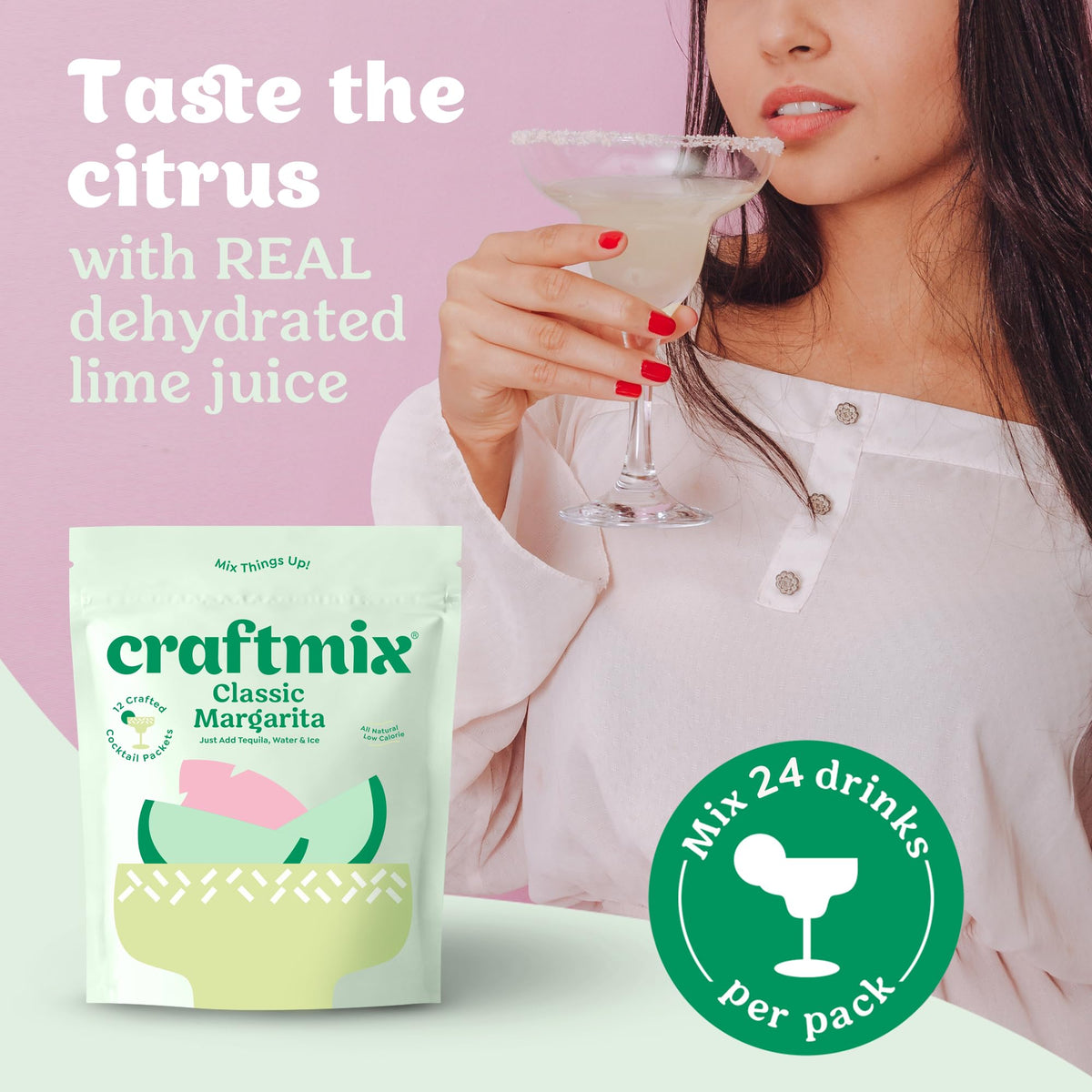 Craftmix Classic Margarita Cocktail & Mocktail Drink Mixers – 24 Pack | Skinny, Low-Cal, Plant-Based
