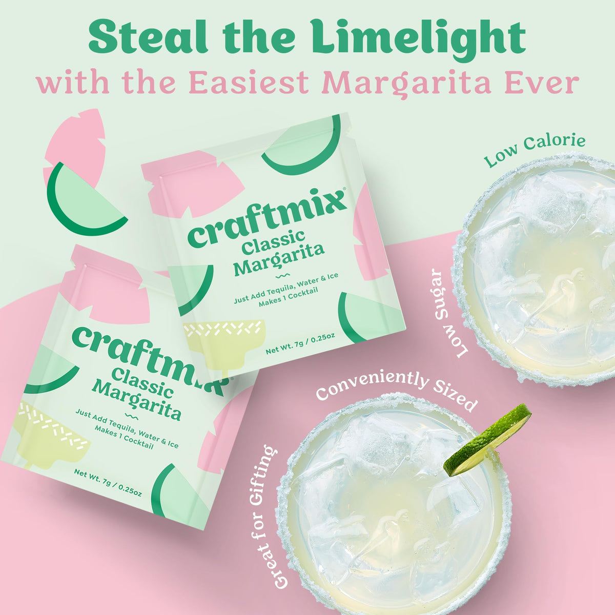 Craftmix Classic Margarita Cocktail & Mocktail Drink Mixers – 24 Pack | Skinny, Low-Cal, Plant-Based