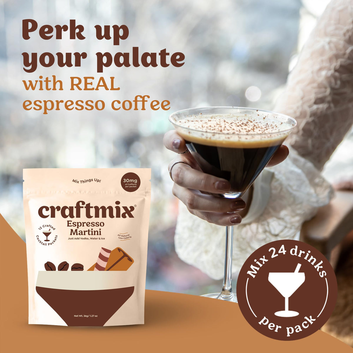 CraftMix Espresso Martini Cocktail & Mocktail Mixers – Skinny, Low-Cal, Vegan, 24 Pack