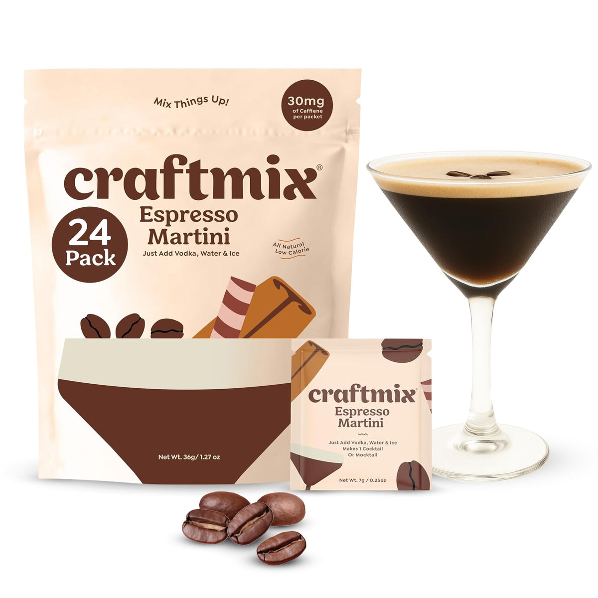 CraftMix Espresso Martini Cocktail & Mocktail Mixers – Skinny, Low-Cal, Vegan, 24 Pack