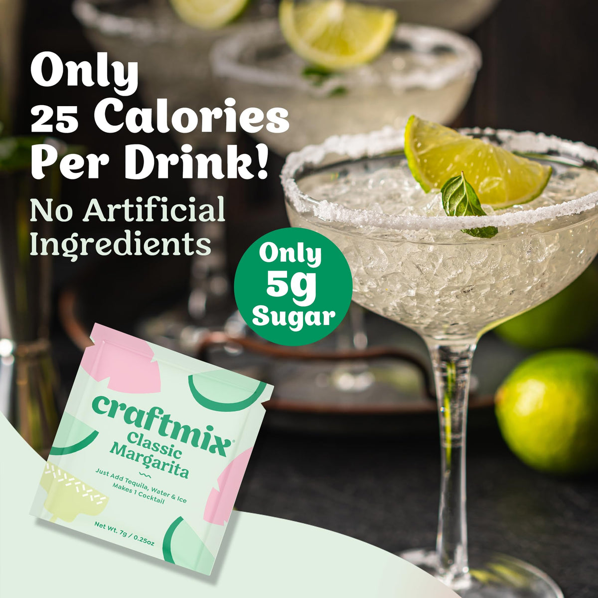 Craftmix Classic Margarita Cocktail & Mocktail Drink Mixers – 24 Pack | Skinny, Low-Cal, Plant-Based