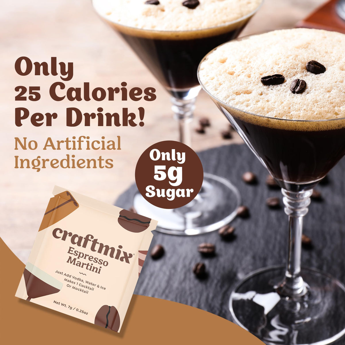 CraftMix Espresso Martini Cocktail & Mocktail Mixers – Skinny, Low-Cal, Vegan, 24 Pack