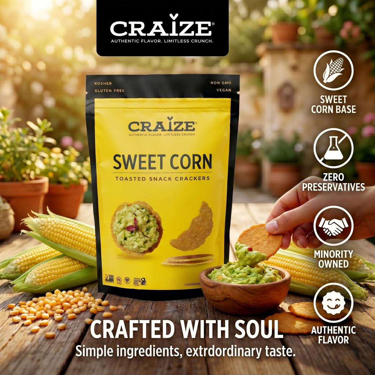 Craize Sweet Corn Crisps – Gluten Free, Vegan & Kosher Toasted Corn Crackers | 6 Pack (4 oz Each)