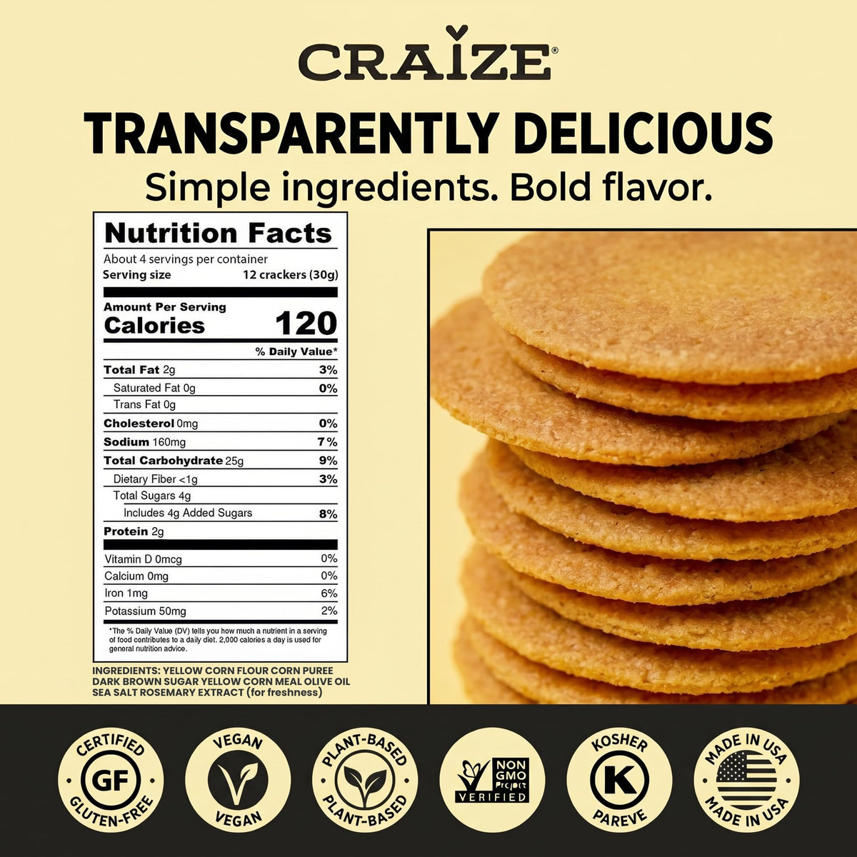Craize Sweet Corn Crisps – Gluten Free, Vegan & Kosher Toasted Corn Crackers | 6 Pack (4 oz Each)
