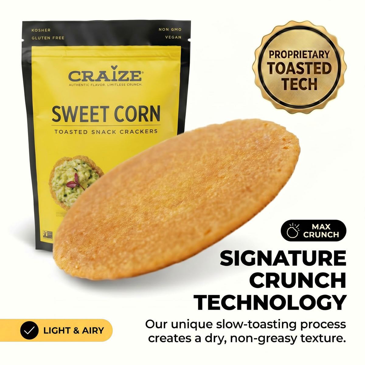 Craize Sweet Corn Crisps – Gluten Free, Vegan & Kosher Toasted Corn Crackers | 6 Pack (4 oz Each)