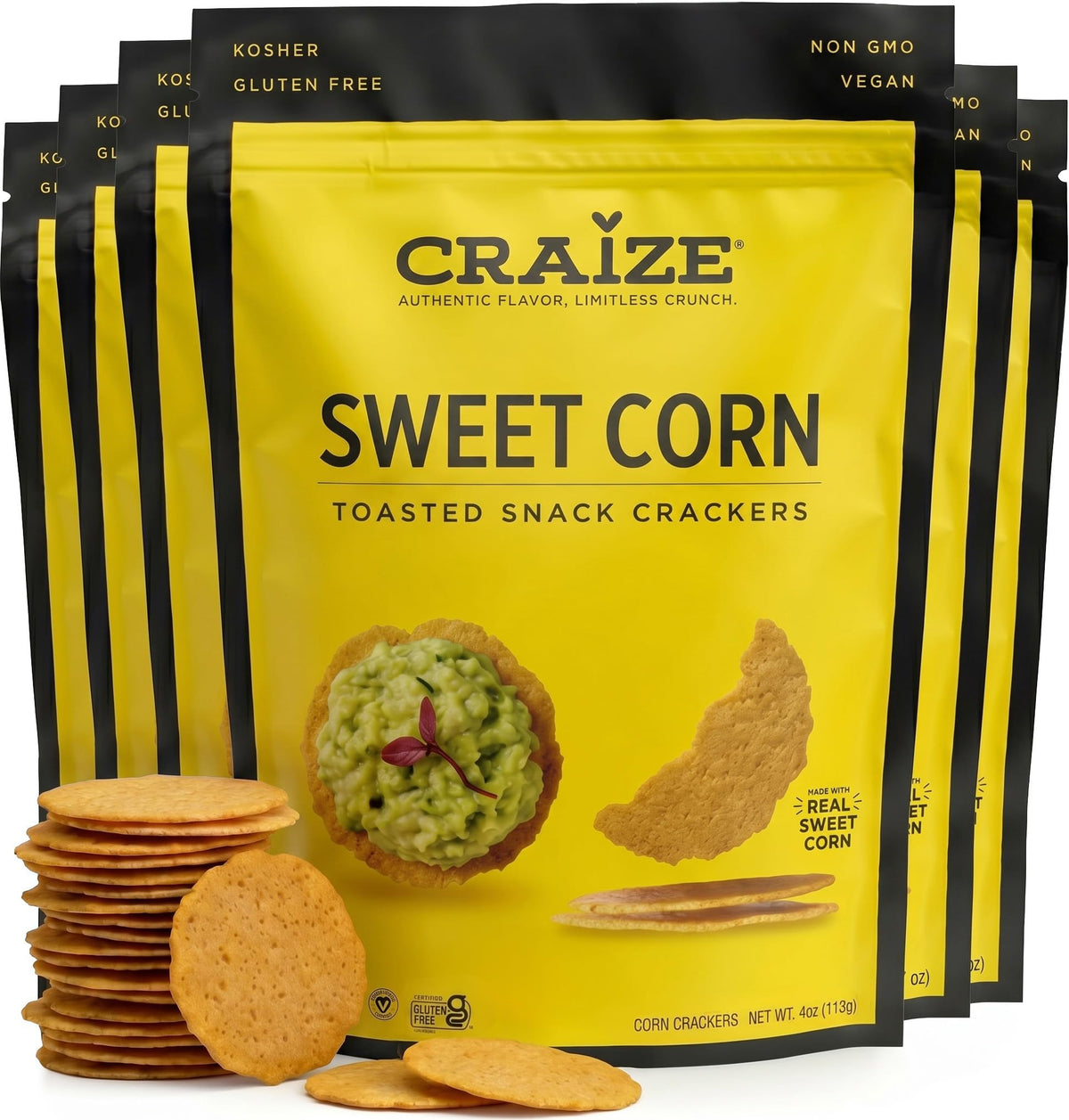 Craize Sweet Corn Crisps – Gluten Free, Vegan & Kosher Toasted Corn Crackers | 6 Pack (4 oz Each)