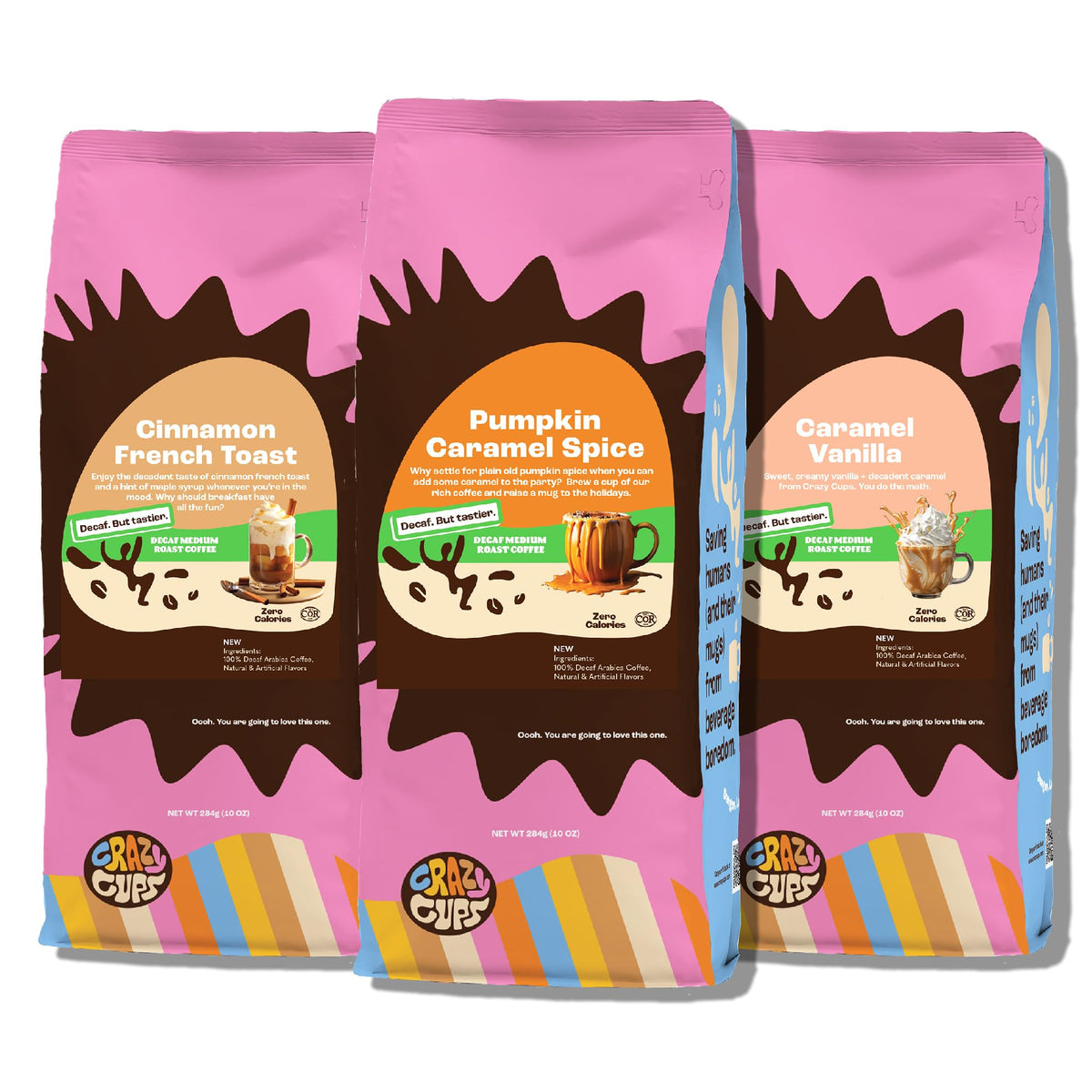 Crazy Cups Decaf Flavored Ground Coffee Variety Pack – Cinnamon French Toast, Caramel Vanilla, Pumpkin Caramel Spice