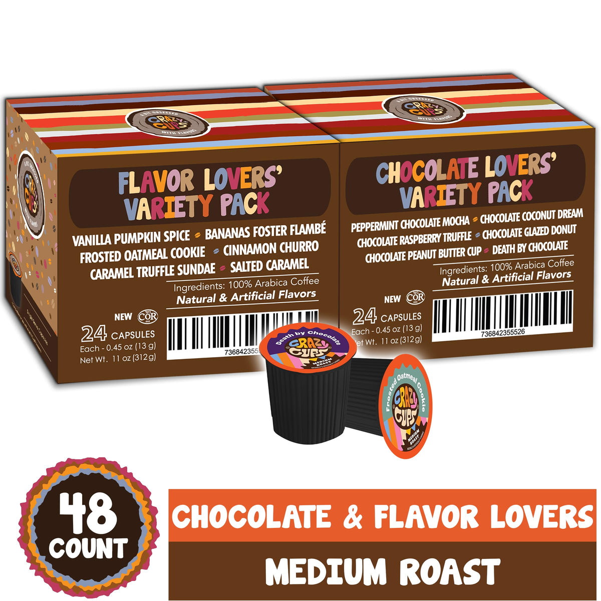 Crazy Cups Flavored Coffee Pods Variety Pack — 48-Count, Medium Roast, Keurig K-Cup Compatible