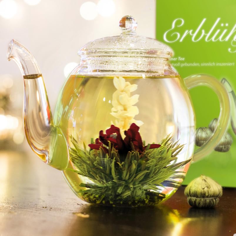 Creano Blooming Tea Gift Set with Glass Teapot 17oz (500ml) – 6 Fruity Green Tea Flowers – Easter Gift