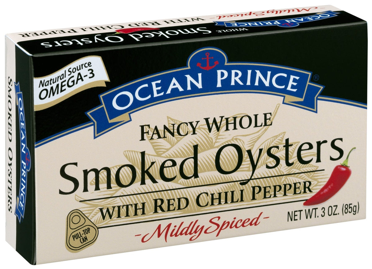 Ocean Prince Smoked Oysters with Red Chili Pepper – 3 oz Cans (Pack of 18) | Crown Prince