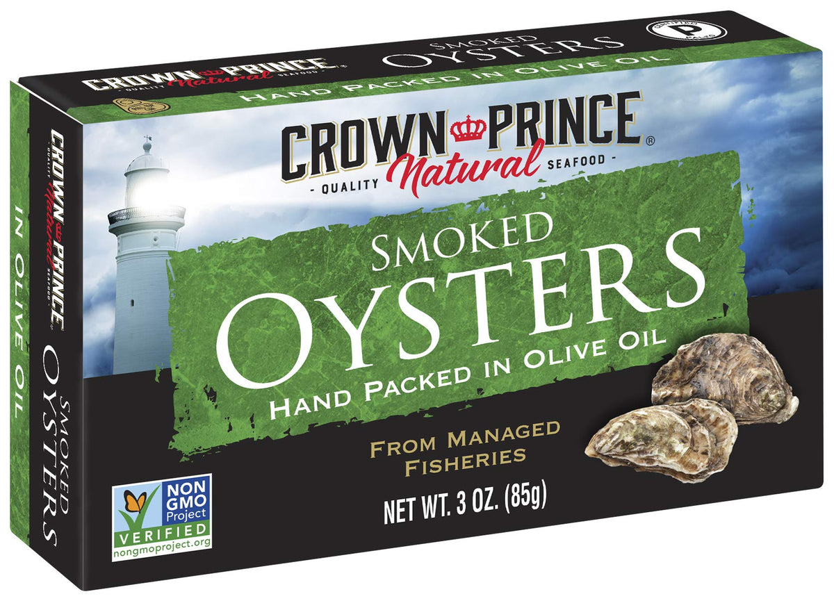 Crown Prince Natural Smoked Oysters in Pure Olive Oil – 3oz Cans (Pack of 18)