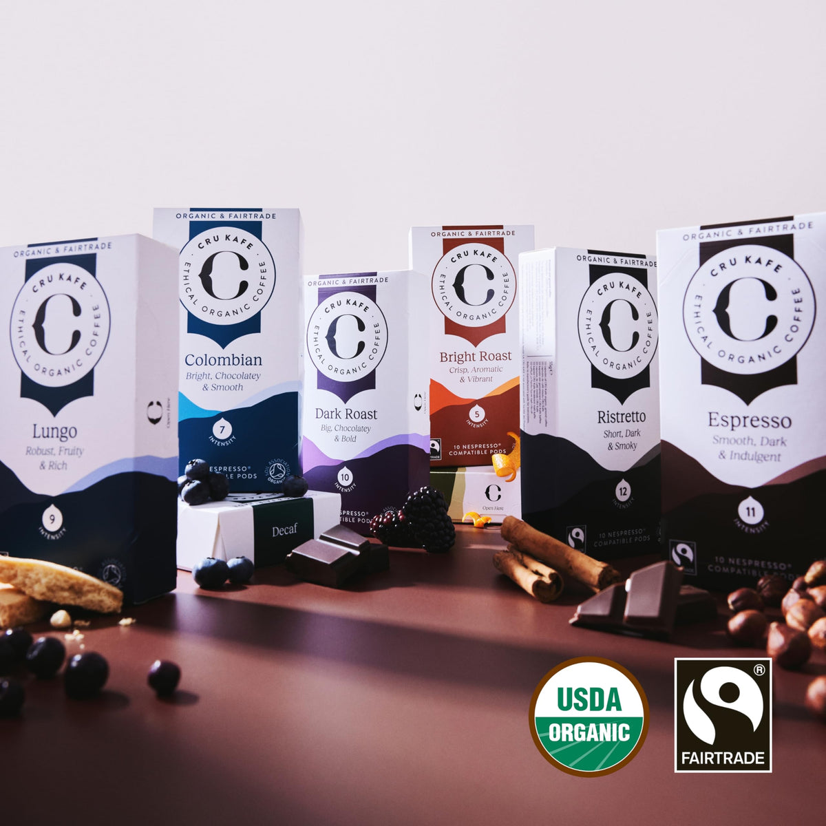 Cru Kafe Discovery Set Organic Coffee Pods – 50 Pods (5 Packs of 10) for Nespresso OriginalLine, Fairtrade & Soil Association Certified
