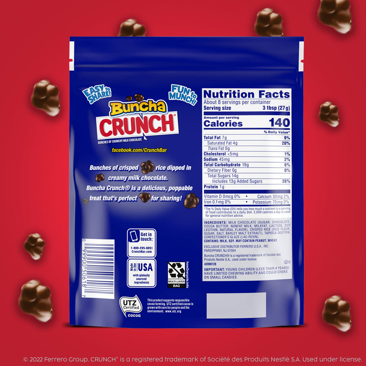 Buncha CRUNCH Candy – Creamy Milk Chocolate with Crisped Rice, 8 Resealable Bags (8 oz Each)