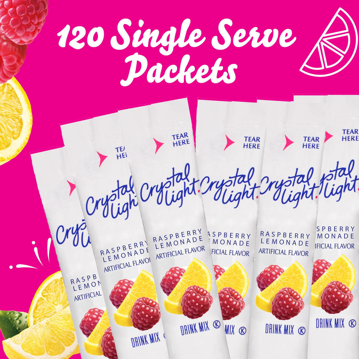 Crystal Light Raspberry Lemonade On-The-Go Drink Mix — 120 Pack Case, Zero Sugar, 10 Calories