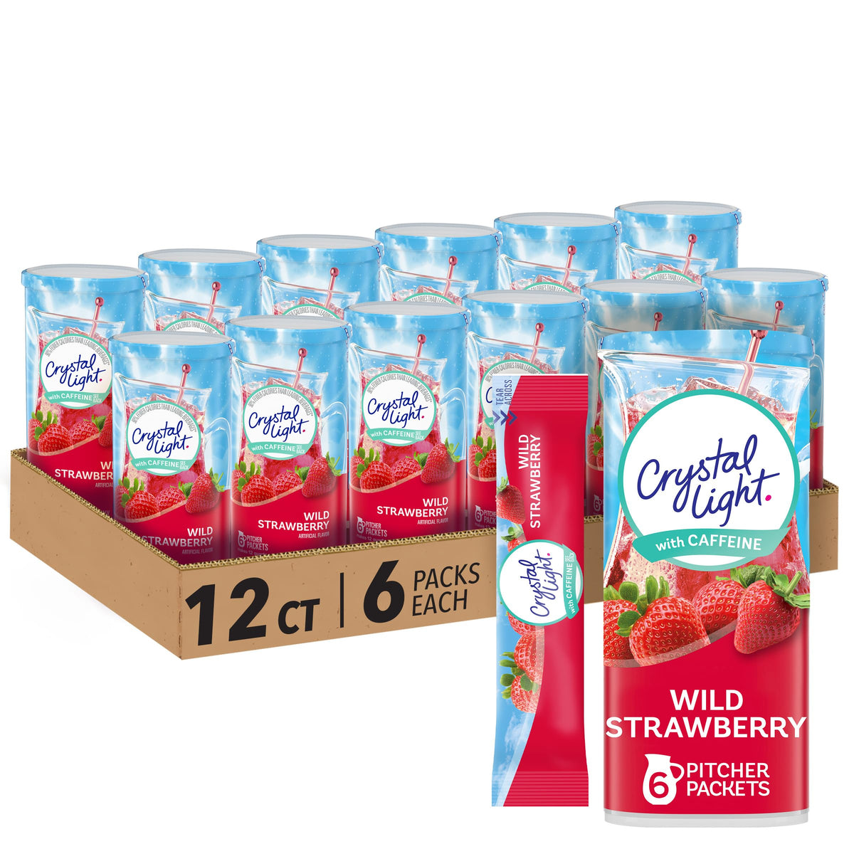 Crystal Light Wild Strawberry with Caffeine — 72 Pitcher Packets + 12 Canisters | Sugar-Free, 5 Calories