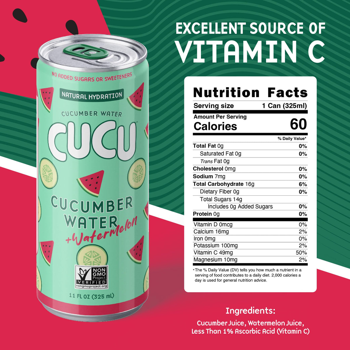 CUCU Pressed Cucumber + Watermelon Water – Real Juice, No Sugar Added, 11 oz Cans (12 Pack)
