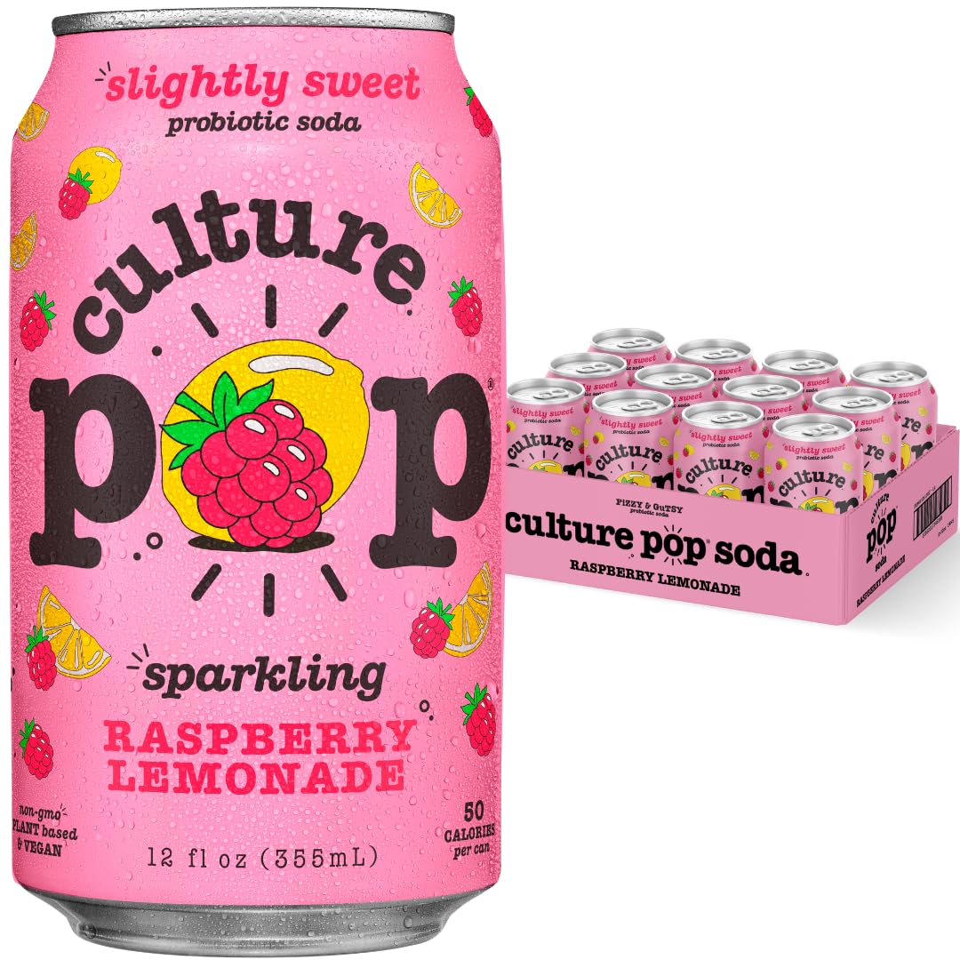 Culture Pop Soda: Sparkling Raspberry Lemonade with Probiotics – Low Sugar, Non-GMO, 12 oz (Pack of 12)