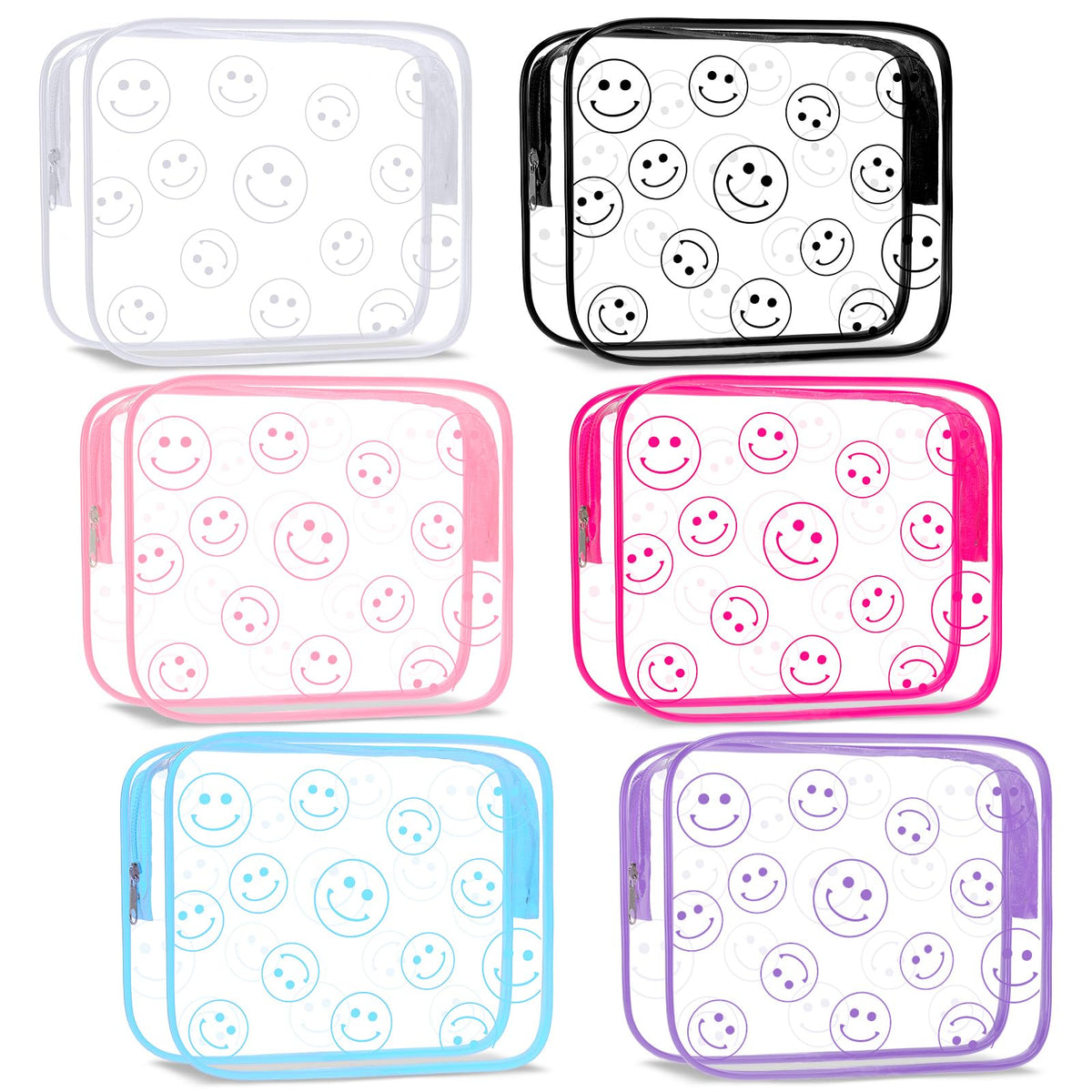 Cunno 6 Pcs Makeup Bags Gifts for Women Preppy Boho Smile Face Flamingo Clear Makeup Bags Cosmetic Transparent PVC Travel Toiletry Organizer for Birthday Party Favor(Smile Style)