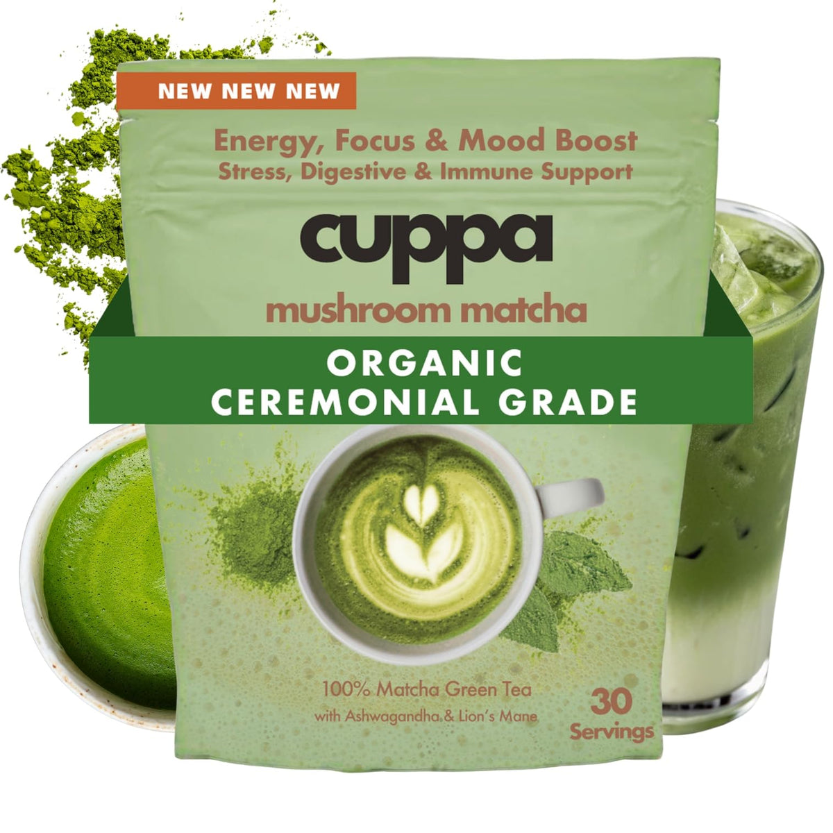 Cuppa Matcha with Lions Mane, Cordyceps & Adaptogens – 30 Servings | Cuppa Healthy Coffee