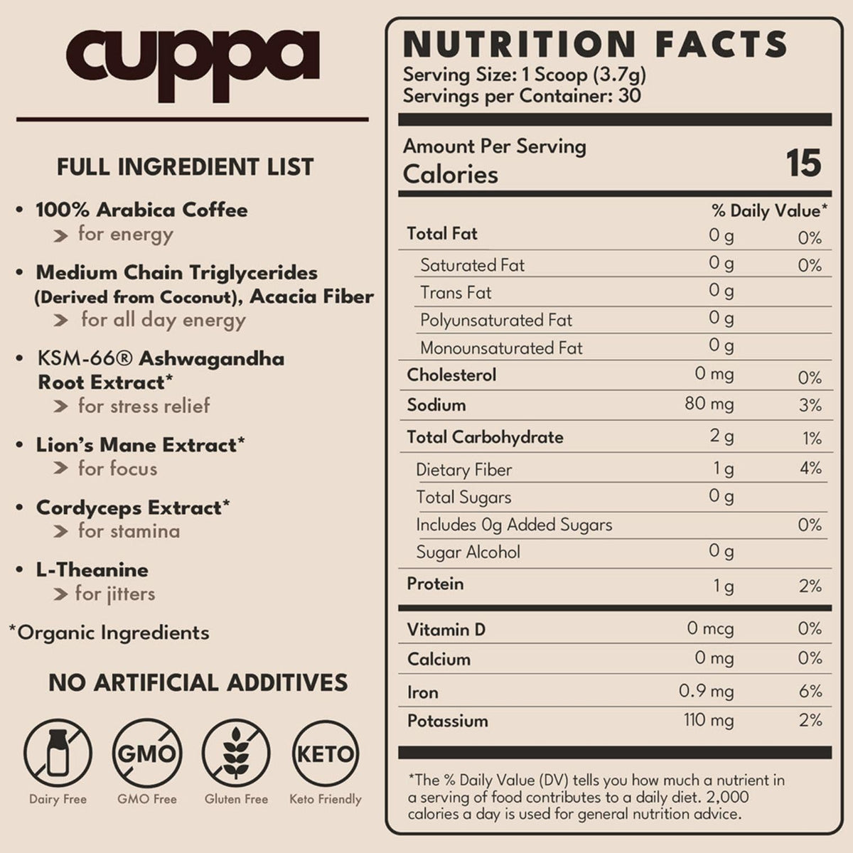 Cuppa Medium Roast Mushroom Coffee with Adaptogens & Superfoods | Lion's Mane, Ashwagandha & Cordyceps (30 Servings)